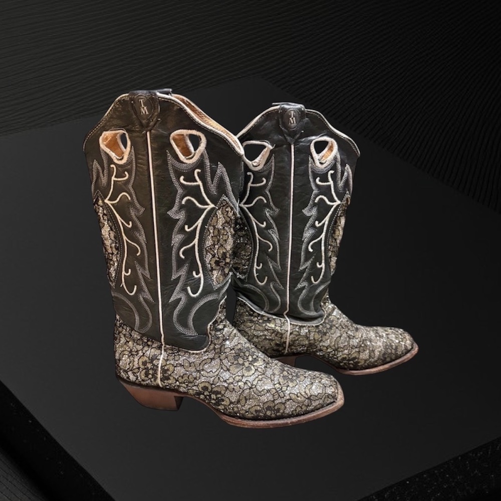 Tanner Mark Cowboy Boots Black Silver & Gold Lace Square Toe Women Size 9 - Picture 2 of 8